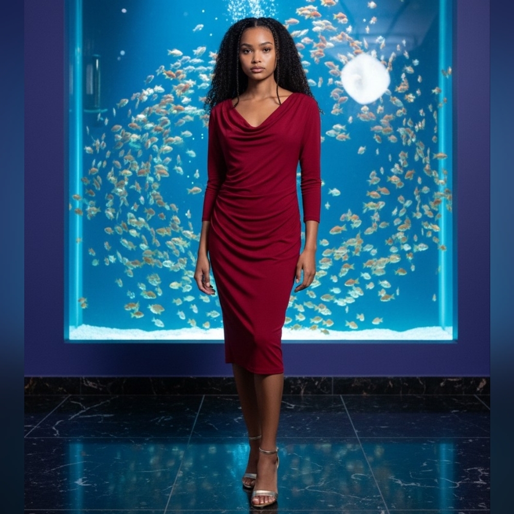 Jessica Sleek Red Midi Dress with Draped Front